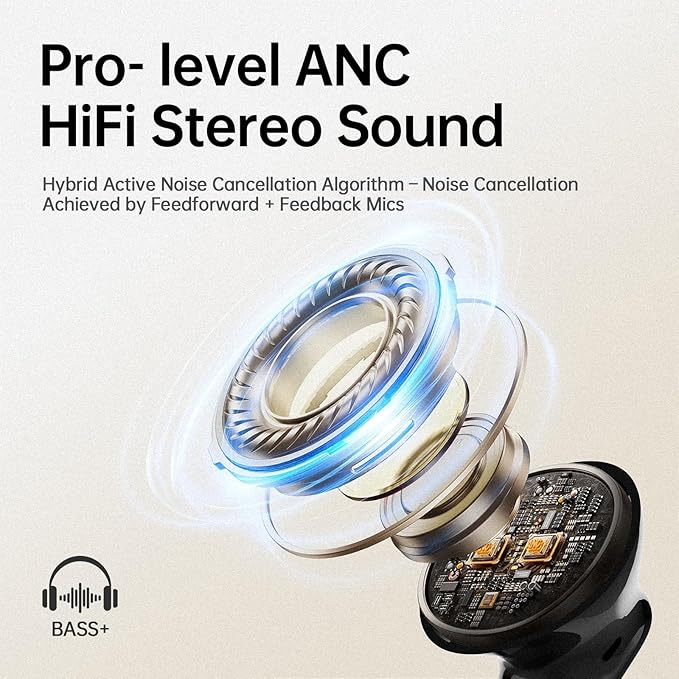 Adaptive Hybrid Active Noise Canceling 2026 Wireless Earbuds, 6 Mics ENC Clear Call Ear Buds, Hi-Res Audio Deep Bass Bluetooth 5.4 Headphones, 40H Playtime, Wireless Charging, LED, USB-C, Black