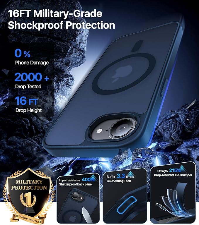 Eastinbox Magnetic Shockproof for iPhone 17e & iPhone 16e Case [Compatible with MagSafe] [Military-Grade Protection] Anti-Yellowing, Matte Protective Phone Case for iPhone 17 e/16 e 6.1", Blue
