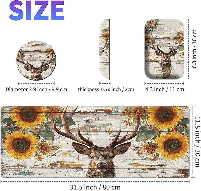 Large Mouse Pad Set, Desk Mat + Elbow Rest Pad + Coaster, Easy Typing Pain Relief, Ergonomic Arm Rest Pad with Memory Foam, Extended Desk Pad Anti-Slip Rubber Base for Office Home, Wood Sunflower Deer