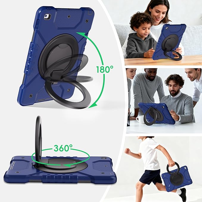 Andnary Case for iPad 9th/8th/7th Generation 10.2 inch, Shockproof Cover with Screen Protector/360° Rotating Handle/Bracket/Pen Holder/Shoulder Strap, Kids Case for iPad 2021/2020/2019 (Navy+Black)