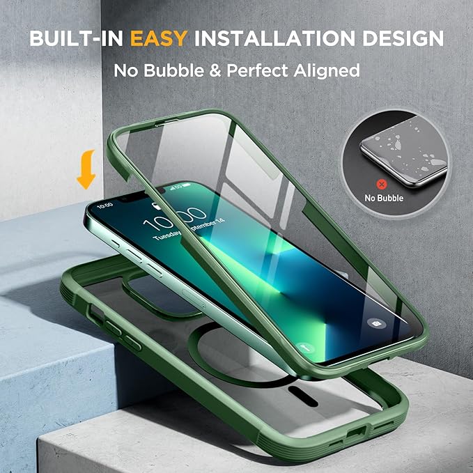 Miracase for iPhone 13 Pro Case 6.1",Full-Body Protection,Clear Bumper Case with Built-in 9H Tempered Glass Screen Protector,Military-Grade Drop Protection Outdoor Phone Case for iPhone 13 Pro,Green