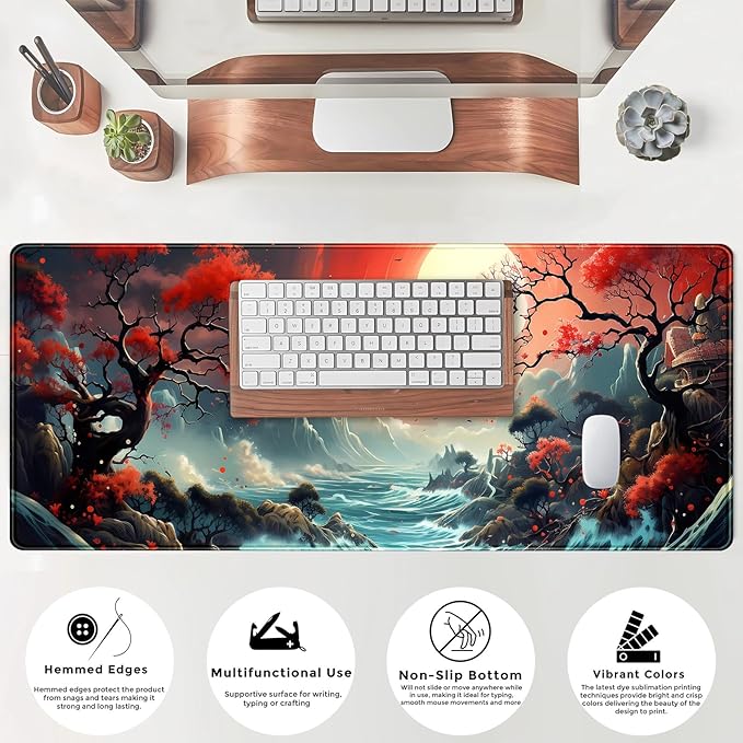 Japanese Desk Mat Extended Gaming Mousepad Japan Large Mouse Pad XL Oceanic Passage Aesthetic Desk Pad Keyboard Mat Laptop Desktop Mouse Mat 31.5''X11.8'' Deskmat with Stitched Edges