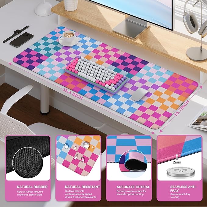 iCasso Desk Matt for Desktop, Cute Desk Pad Mat, XXL Large Mouse Pad, Anti-Slip Big Mousepad with Stitched Edges, Keyboard Pad Mouse Mat for Computer(Colour Checkered)