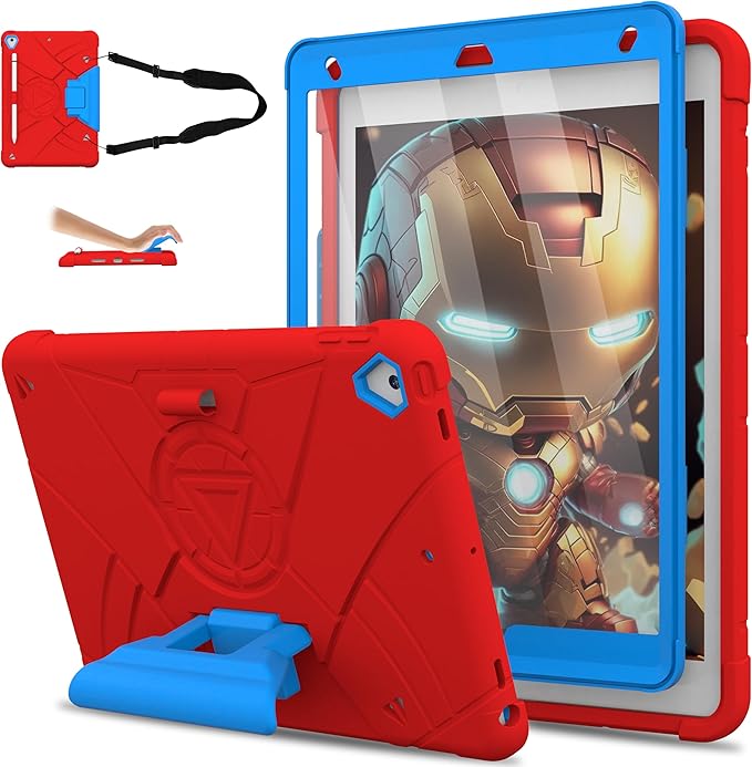Andnary Case for iPad 9th/8th/7th Generation 10.2 inch, Heavy Shockproof Cover with Screen Protector/180° Rotating Handle/Bracket/Pen Holder/Shoulder Strap, Kids Case for 2021/2020/2019 (D-Red+Blue)