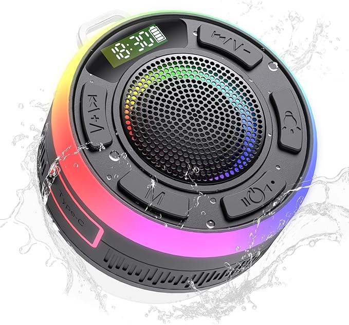 IPX7 Waterproof Shower Bluetooth Speaker, Portable Small Speaker with Suction Cup and Time Display, Loud Crystal Sound & Bass 10H Playtime 1100mAh, Wireless Shower Speakers for Pool, Beach Gift Black