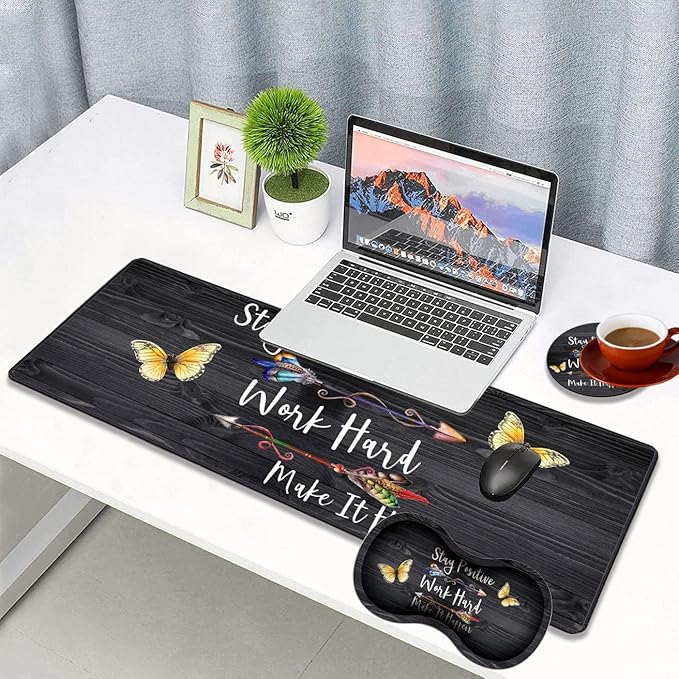 3 Piece Mouse Pad Set with Stitched Edge Large Anti-Slip Mouse Pad Desk Pad Keyboard Pad + Wrist Rest Pad + Coaster, Memory Foam Wrist Rest for Office/Home, Stay Positive Work Hard and Make It Happen