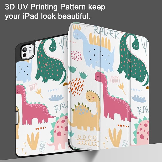 MEEgoodo Case for M5 iPad Pro 11 inch 2025/M4 iPad Pro 11 inch Case 2024, Tablet Cover with Trifold Stand & Pencil Holder & Auto Wake/Sleep & Soft TPU Back Cover, Cute Dinosaurs