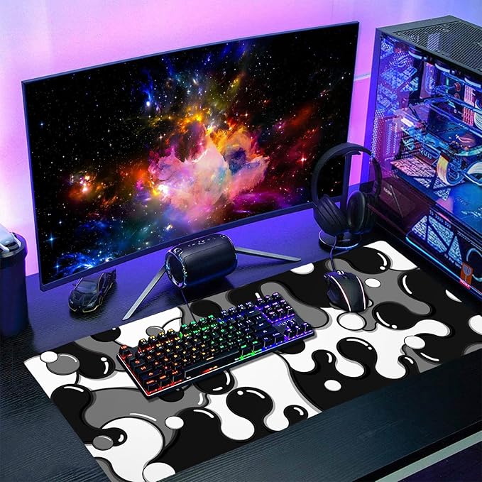 Black White Grey Mouse Pad XXL Anime Cool Geometric Japanese Extended Desk Mat 90X40 CM Non-Slip Rubber Base Stitched Edge Large Mousepad for Gaming Laptop Computer Desktop 35.4×15.7 Inch