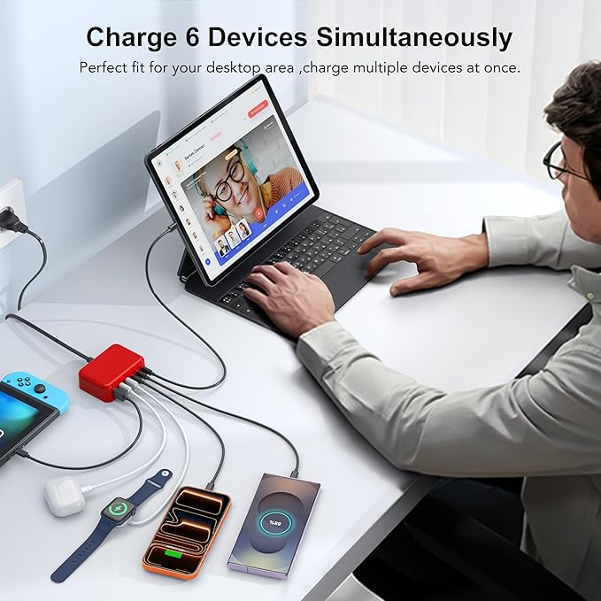 [2026 Updated] USB C Fast Charger, 100W GaN 6 Port Type C Charging Station Hub Block Cube, USB C Wall Charger Power Strip Adapter Plug for iPad iPhone 17 16 15 14 Pro Max Pixel Note Galaxy, 5ft Cord