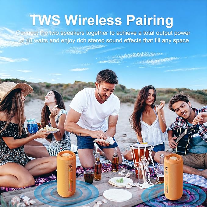 Shower Bluetooth Speaker, IPX7 Waterproof, 24W Deep Bass, TWS Stereo Pairing, 12H Playtime, Outdoor Speaker for Travel, Sport, Party, Camping (Orange)