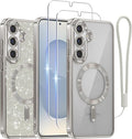 Meifigno Designed for Samsung Galaxy S25 Plus Case, [Compatible with MagSafe] [2X HD Screen Protectors] [Glitter Card & Wrist Strap] Surround Raised Lens Protection Case for S25 Plus 6.7", Silver