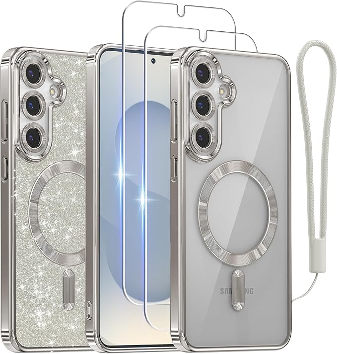 Meifigno Designed for Samsung Galaxy S25 Plus Case, [Compatible with MagSafe] [2X HD Screen Protectors] [Glitter Card & Wrist Strap] Surround Raised Lens Protection Case for S25 Plus 6.7", Silver