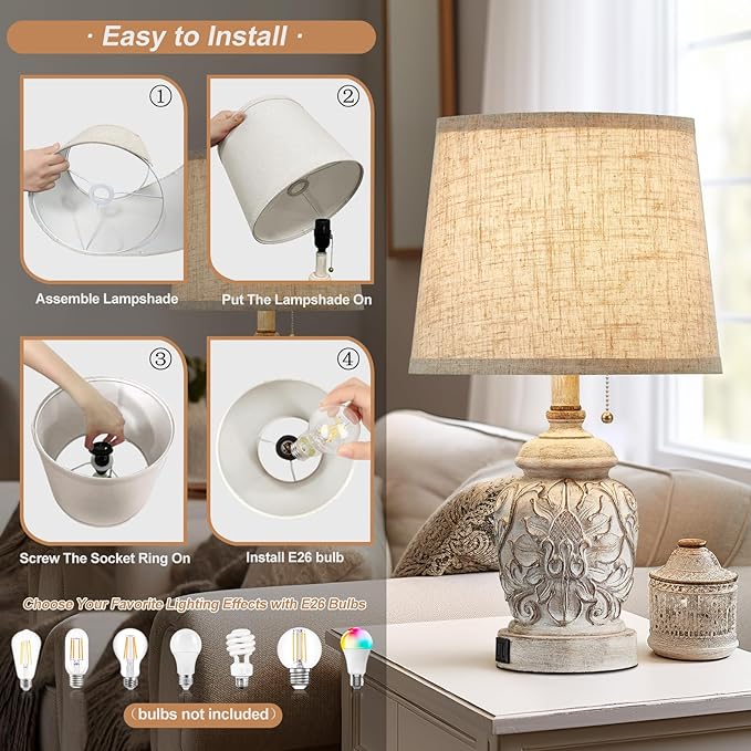 19.5" Vintage Rustic Table Lamp Set of 2 Farmhouse Table Lamps for Living Room Bedroom Decor with USB Ports Traditional Carved Floral White Bedside Night Light Lamps with Pull Chain Switch