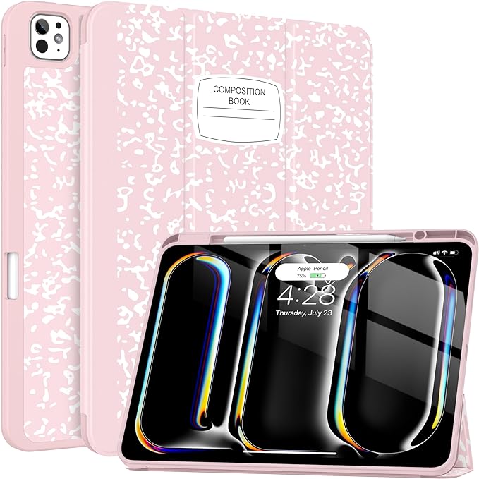 Soke Case for New iPad Pro 13 Inch (M5/M4, 2025/2024 Release), with Pencil Holder Trifold Stand Shockproof [Support Apple Pencil Charging + Auto Wake/Sleep], Soft TPU Back Cover, Book Pink