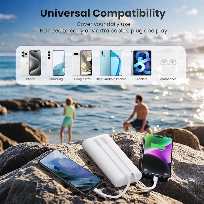 Ekrist Upgraded Portable Charger 40800mAh Power Bank - Portable Battery with 2 Built in Cables,PD 25W USB C Fast Charging Battery Pack Compatible with iPhone 17 16 15 14 13 Android Phone etc-White