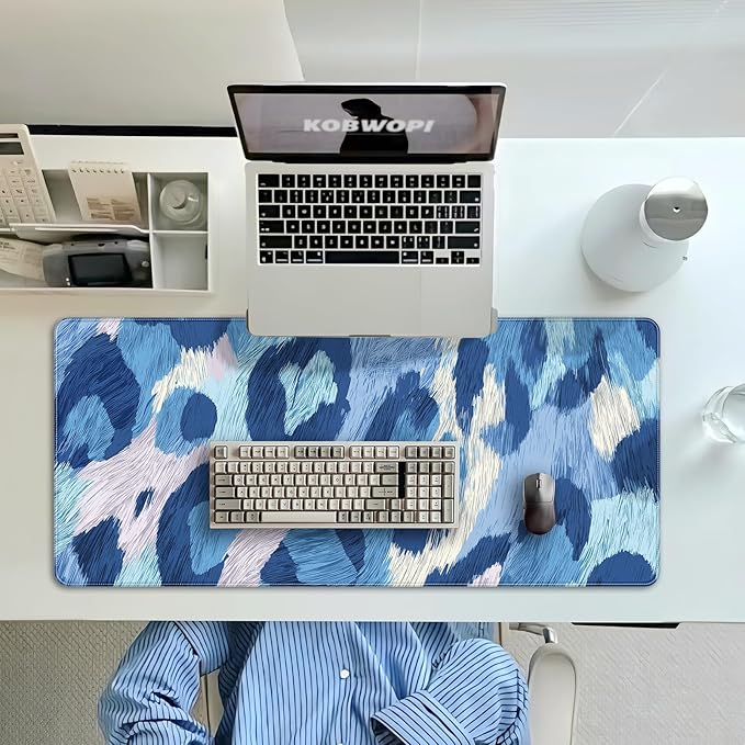 35.4 x 15.7 in, XXL Large Mouse Pad for Desk, Extended Keyboard Mouse Mat for Computer Office, Big Mouse pad with Stitched Edges, Gaming Pc-Leopard Print Light Blue and Navy