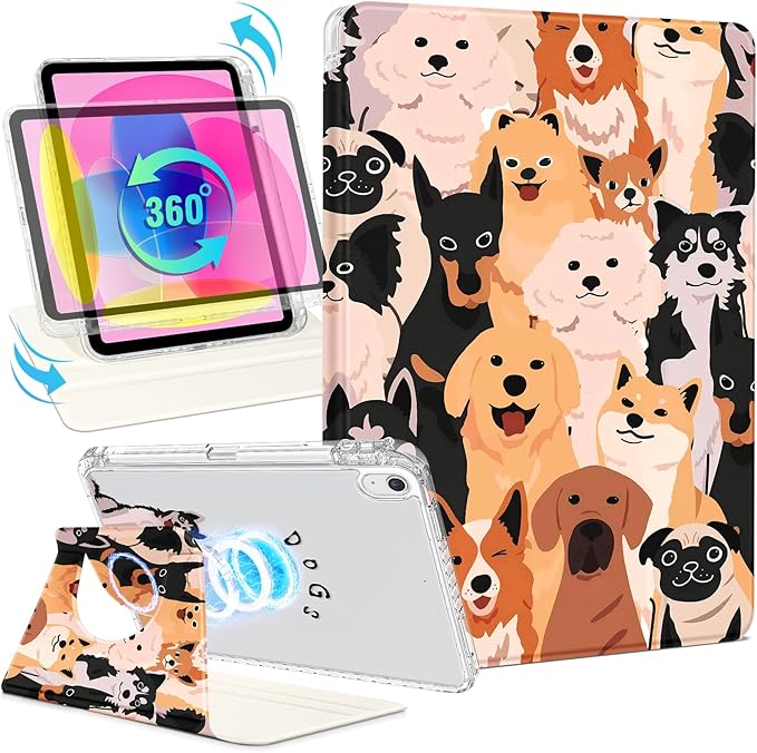 Shorogyt for iPad A16 11th Generation 11 inch 2025 /for i Pad 10th Generation case Magnetic Stand for Women - Cute Design 360 Degree Rotating Covers Girls Kids with Pencil Holder,Dogs