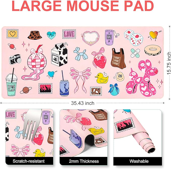 L-SPOUTTO Cute Desk Mat for Keyboard and Mouse,XXL Large Mouse Pad Non-Slip Keyboard Pad Waterproof Desktop Mat for Laptop Computer Work Game Home Office-Cartoon Pink