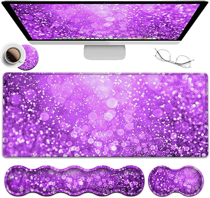 Large Gaming Mouse Pad (31.5x11.8 in), Rubber Base XXL Mousepad with Stitched Edges, Ergonomic Keyboard Wrist Rest, Extended Mouse Mat Desk Pad for Work, Game, Office, Purple Mousepad