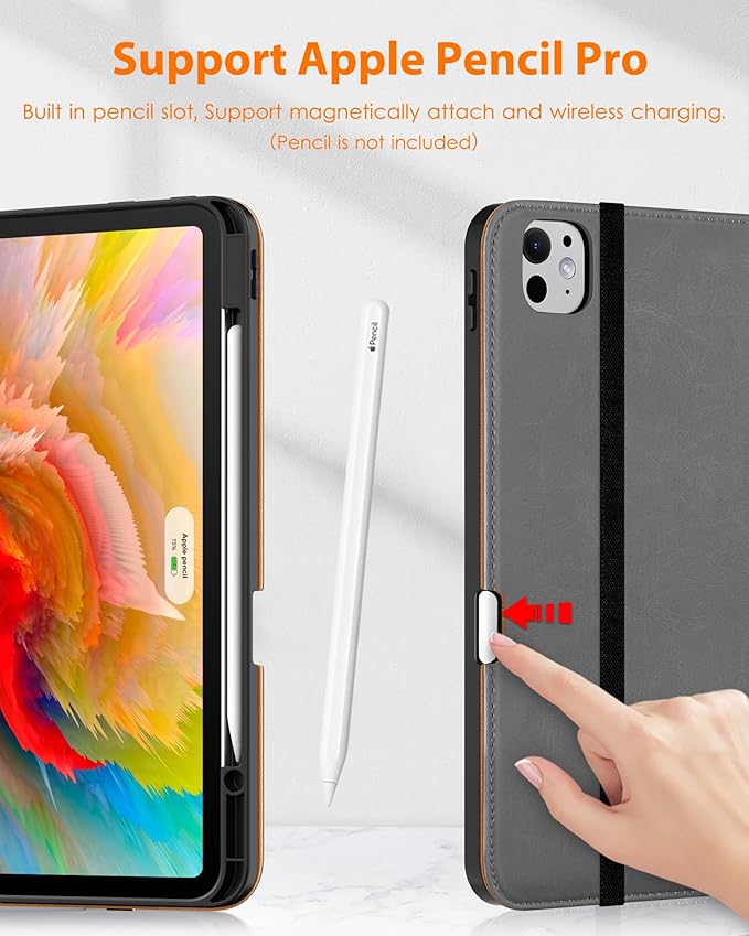 DTTO for iPad Pro 13 inch Case (M5/M4) 2025/2024, Premium Leather Business Folio Stand Cover with Pencil Holder - Auto Wake/Sleep & Multiple Viewing Angles, Built in Hand Strap & Pocket, Grey