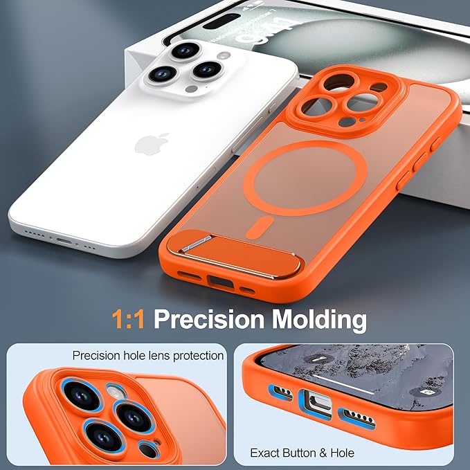 Magnetic Compatible with iPhone 15 Pro Case, [Built-in Kickstand][Full Camera Protection][Compatible with MagSafe][Anti-Fingerprint] Shockproof Phone Case for iPhone 15 Pro 6.1",Orange