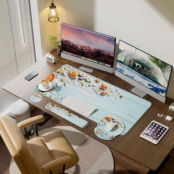 Desk Mat Set + Keyboard and Mouse Pad with Wrist Rest Support,4-in-1 Large Mousepad Computer Mats for Desktop Home & Office-Blue Shells