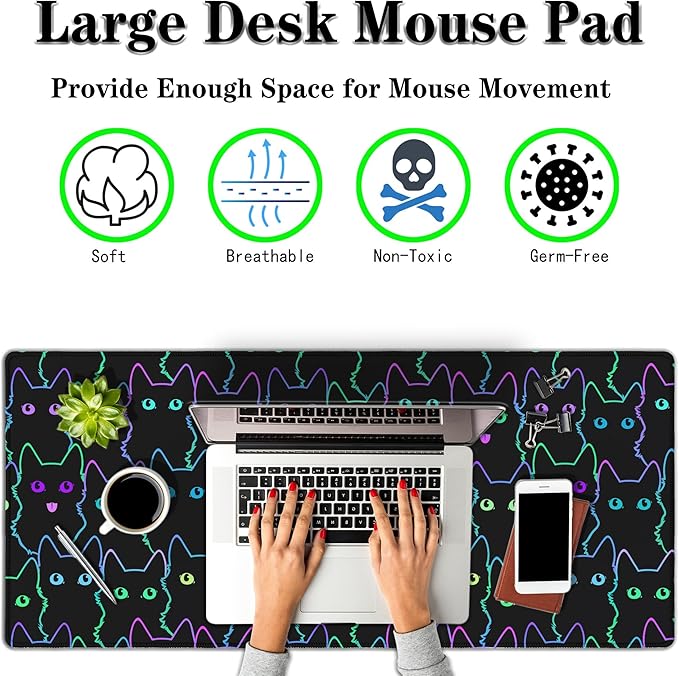 Big Mouse Pad Black Purple The Desk Pad Computer Mouse Pads Keyboard Pads Deskmat Waterproof Non-Slip Rubber Base 35.4" X 15.7" for Game Office, Cartoon Cat with Neon Lines Design