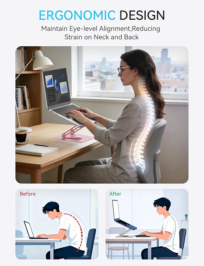 SOUNDANCE 360 Rotating Laptop Stand, Ergonomic Computer Riser for Desk, Adjustable Height Multi-Angle Metal Holder, Foldable Portable Notebook Elevating Base for Office & Home, Pink