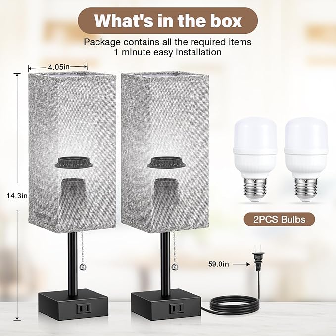 Grey Bedside Lamps for Bedroom Set of 2 - Small Nightstand Lamp with AC Outlet Charging Port, 3 Color Temperatures Rectangular Desk Light with Bulb, Tabletop Reading Lamp for Living Room/Dorm/Office