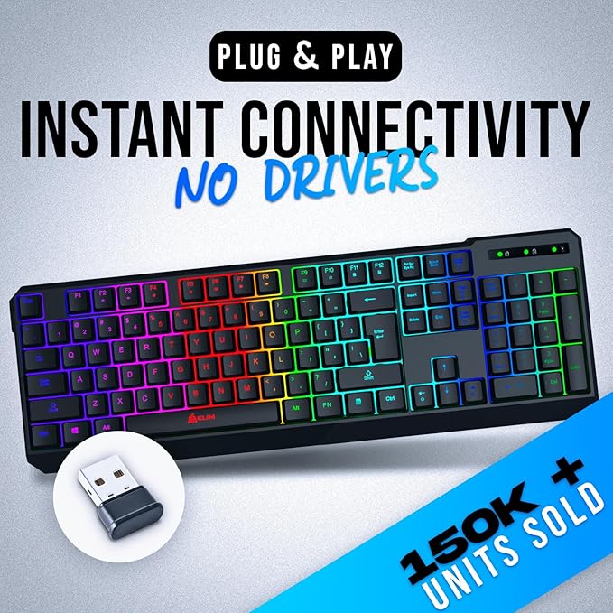 KLIM Chroma Wireless Keyboard – RGB Backlit Gaming, Rechargeable Battery, PC Keyboard, Durable & Water-Resistant, Compatible with PS4, PS5 & Mac - Black