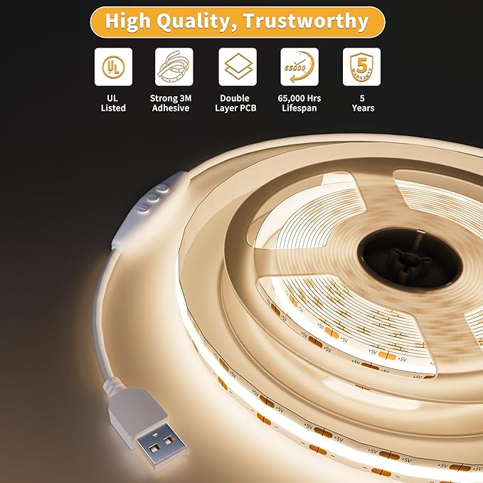 PAUTIX 5V USB COB LED Strip Lights Dimmable LED Lights 4000K Natural White with RF Remote,1200lm,Dotless Flexible Tape Light for Under Cabinet,Bedroom,TV Backlight,Kitchen,Shelf,Mirror Lighting 6.56ft
