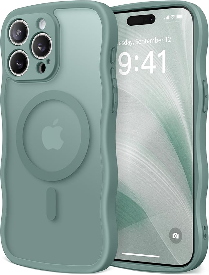 CAPRARO Cute for iPhone 15 Pro Max Case, Compatible with MagSafe, [Curly Wave Edge] [Full Camera Protection] [14 FT Drop Protection] Magnetic Phone Case for 15 Pro Max 6.7 Inch, Midnight Green