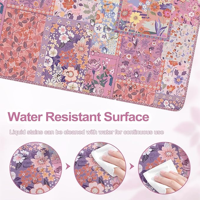 HAOCOO Rose Desk Cover Mat, Cute Floral Keyboard Mat with Stitched Edges, Pink Non-Slip Table Mat Desk Protector for Home Decor, 35.4“ x 15.7" Waterproof Mouse Pad for Office