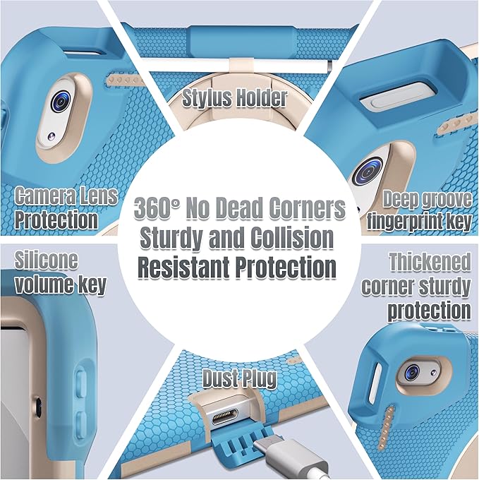 Andnary Case for iPad (A16) 11th /10th Generation 11/10.9 Inch 2025/2022 with Screen Protector/360° Rotate Stand/Shoulder Strap/Pencil Holder, Shockproof iPad 11th/10th Gen Cover (Blue+White)