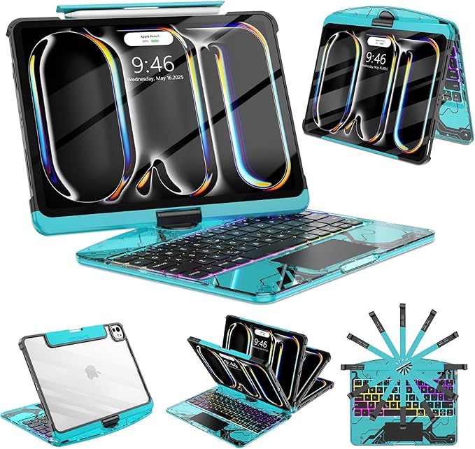 SIBEITU Keyboard Case for iPad Pro 11 Inch M5 2025 / M4 2024, Clear Wireless Keyboard iPad Pro 11inch Cover with Multi-Touch Trackpad, 7-Color Backlight & 3-Brightness, Visible PCB Tech Design, Blue