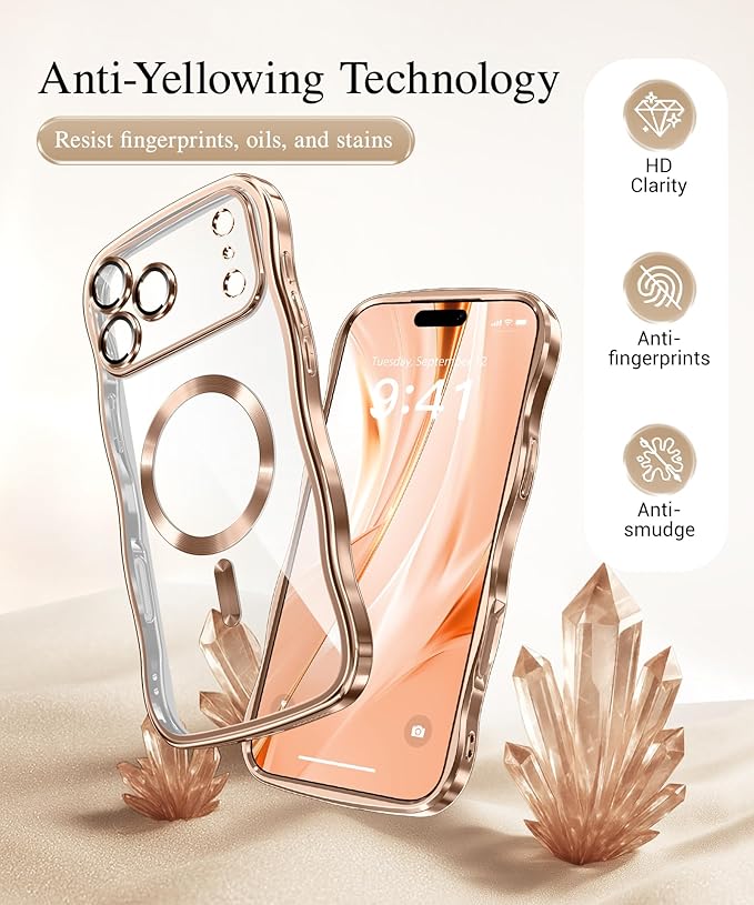 GVIEWIN for iPhone 17 Pro Max Case Compatible with MagSafe, Upgraded [Full Camera Protection][Cute Wave Frame][Military Grade Protection] Electroplated Hard Phone Cover for Women Girl,Clear/Rose Gold