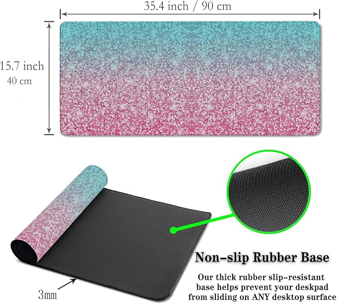 Gaming Mouse Pad Office Desk Mat, Extra Large Pink Glitter Pad for Women, Waterproof Non-Slip Rubber Base, 35.4 X 15.7 in for Work/Game/Office