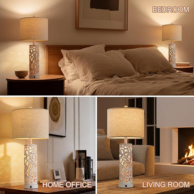 OYEARS 2-in-1 Light Table Lamp Set of 2 for Living Room, 28.5" Farmhouse Bedside Lamps with USB Charging Port, Main&Night Light & Dual Switches, Nightstand Lamp for Bedroom Home Office(Bulb Included)