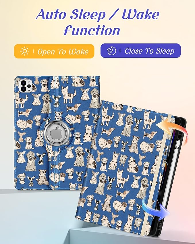 Kidcube for iPad Pro 13 Inch Case M4 2024 - Women Girls Kids Cute Rotating Stand Folio Cover with Pencil Holder & Card Slot Kawaii Cool Dogs Design for iPad Pro 13 Inch Case 2024 (A2925 A2926 A3007)