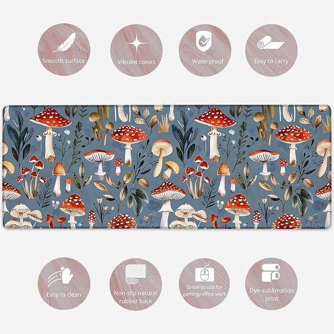 Funny Mushroom Gaming Mouse Pad, Large Woodland Mushrooms Design Desk Mat for Laptop Keyboard Computer, Non-Slip Rubber Base Desktop Extended Mousepad for Office Home Accessories 31.5"×11.8"