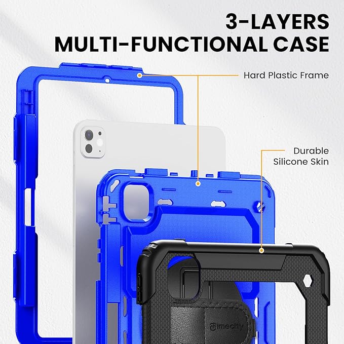 timecity Case for iPad Pro 11 Inch M5 2025 / M4 2024, 360° Rotating Stand, Pencil Holder & Wireless Charging, Shockproof with Screen Protector & Shoulder Strap -for Designers & Professionals,Dark Blue