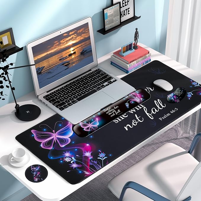 Keyboard Wrist Rest + Mouse Pad with Wrist Support + Desk Mat + Coaster 4 in 1 Set,Desk Matt for Desktop,Cute Large Gaming Ergonomic Mousepad for Computer Laptop Office Home Decor-Purple Butterfly