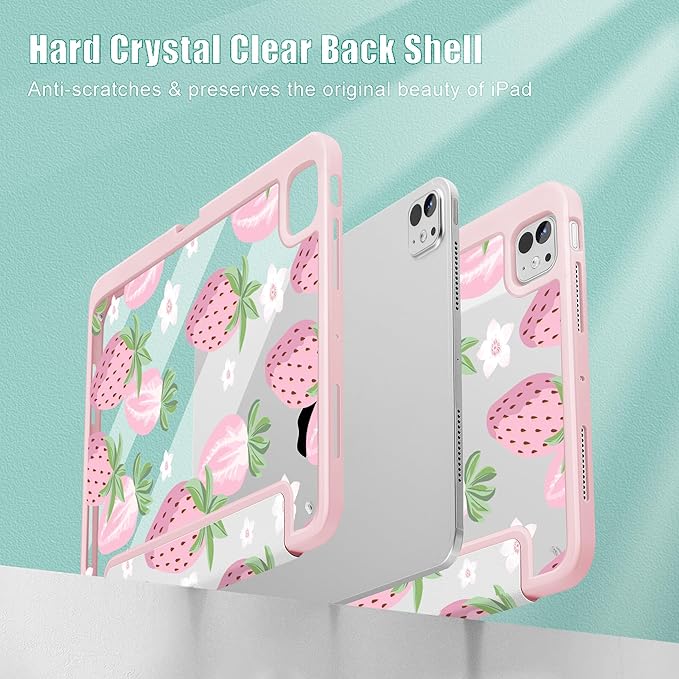 May Chen Case for iPad Pro 11-Inch M5/M4 2025/2024 (6th/5th Generation), [Penceil Holder] Trifold Stand Auto Wake/Sleep Clear TPU Protection Back Cover, Strawberries
