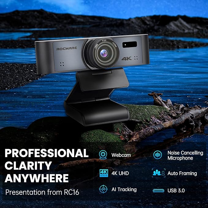 4K Webcam with Remote, RC16 Computer Camera with Microphone,1080p 60fps FHD,AI Tracking,Privacy Cover, WDR,110°FOV,8X Digital Zoom,Streaming Camera for PC/Meeting/Teaching/Zoom
