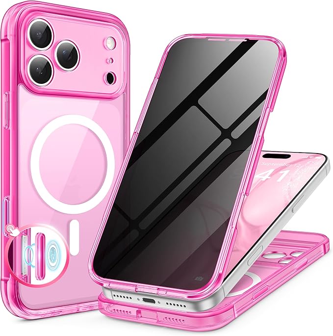 BERFY for iPhone 17 Pro Max Case, Compatible with MagSafe, Built-in Privacy Screen Protector, Camera Protection, Shockproof Full Body Phone Case 6.9", Clear Bright Pink
