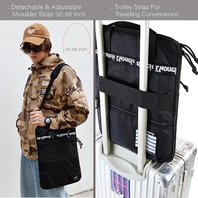 Rough Enough 16 Inch Laptop Sleeve Case Bag for Dual Tablet Storage with Accessory Pocket Handle Shoulder Strap Outdoor Travel Tactical Cordura Black