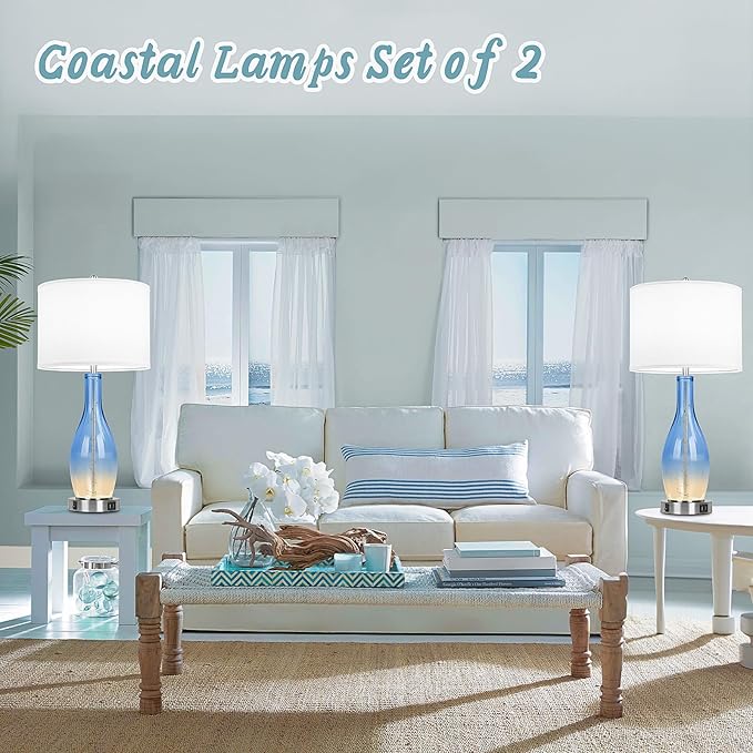 BesLowe 26in Tall Glass Table Lamps Set of 2 with 2 USB Charging Ports & LED Nightlight, Large Coastal Table Lamps for Living Room End Table, Modern Beach Lamps for Bedroom Bedside Nightstand, Blue