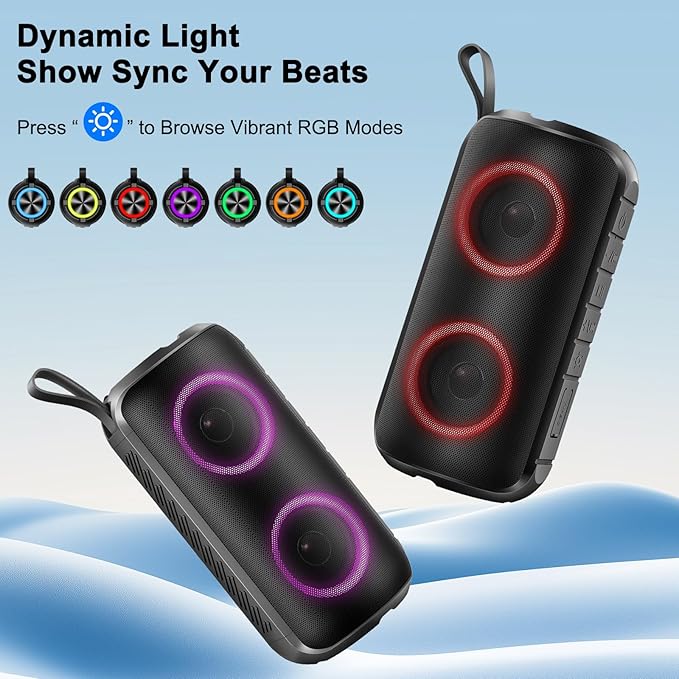 Bluetooth Speaker with 360°HD Stereo Sound, BT5.3, Built-in Mic, RGB Lights, 2025 NEW Portable Wireless Speaker IPX7 Waterproof, Dustproof, 12H Playtime for Outdoors, Home/Travel/Praty Beach Black
