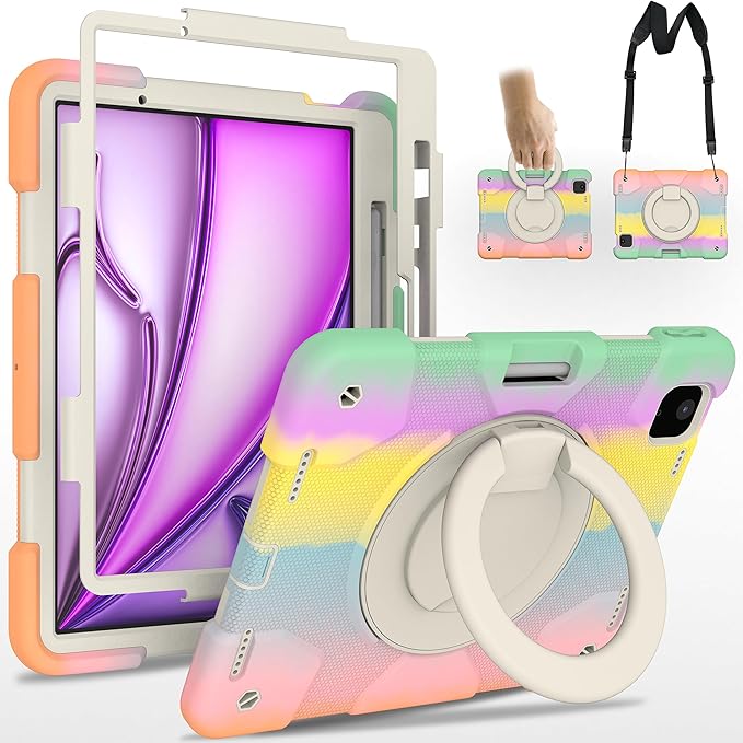 Andnary Case for iPad Air 11 inch Case M4/M3/M2 (2026/2025/2024), Heavy Duty Shockproof Cover with Screen Protector, 360° Rotating Stand, Pencil Holder, Shoulder Strap (Colorful Pink)