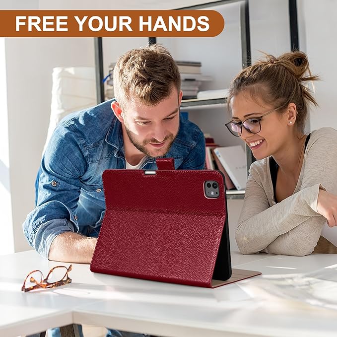 Genuine Leather Case for iPad Pro 11 inch Case (M5) 2025 / (M4) 2024 | with Pencil Holder and Adjustable Stand, Magnetic Closure, Auto Wake/Sleep Cover | Wine Red